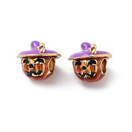Halloween Rack Plating Brass Enamel European Beads, Long-Lasting Plated, Cadmium Free & Lead Free, Large Hole Beads, Pumpkin with Hat, Real 18K Gold Plated, 12x13.5mm, Hole: 4.2mm(KK-M280-01G)