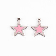 304 Stainless Steel Enamel Charms, Stainless Steel Color, Star, Pink, 11.5x10x1mm, Hole: 1mm(STAS-Q242-040A)