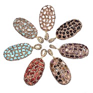 Polymer Clay Rhinestone Pendants, with Natural & Synthetic Gemstone Chip, Natural Shell Chip and PU Leather, Oval, Golden, 55~56x30~31x6~7mm, Hole: 9x5mm(RB-S056-15A-G)