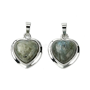 Natural Labradorite Pendants, Heart Charms with Rack Plating Platinum Plated Brass Findings, Cadmium Free & Lead Free, Cadmium Free & Lead Free, 23x19.5x8~9mm, Hole: 7x5mm(G-C114-03P-20)