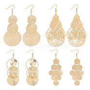 ANATTASOUL 4 Pairs 4 Style Alloy Cluster Dangle Earrings, Iron Chandelier Earrings for Women, Flat Round & Teardrop & Disc, Golden, 82~98x30~46mm, 1 Pair/style(EJEW-AN0004-25)