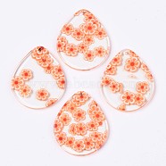 Transparent Clear Cellulose Acetate(Resin) Pendants, Printed, Teardrop with Flower, Flower Pattern, 34x28x2.5mm, Hole: 1.4mm(KY-T040-54D)