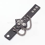 Punk Rock Style Cowhide Leather Rivet Bracelets, with Iron Twisted Chain and Alloy Findings, Enamel Cross, Black, 220x31x2mm(8-5/8 inchx1-1/4 inch)(BJEW-D438-07)
