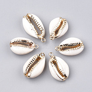 Electroplate Freshwater Shell Pendants, with Iron Findings, Golden, Floral White, 23~28x15x6~8mm, Hole: 1.6mm(SHEL-S274-19)