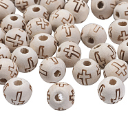 Natural Round Wood Beads, Unfinished Wooden Spacer Beads, with Cross Pattern, Lead Free, Undyed, Beige, 10x8mm, Hole: 2mm(WOOD-S656-LF)