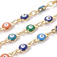 Handmade Enamel Beaded Chains, with Brass Chains, with Spool, Soldered, Flat Round with Evil Eye, Golden, Mixed Color, 4.5mm, Link: 9x4.5x3mm and 3.5~4x2.5x0.4mm, about 32.8 Feet(10m)/roll(CHC-E019-03A)
