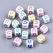 Opaque White Acrylic Beads, with Enamel, Horizontal Hole, Cube with Mixed Color Letter, Letter.U, 6x6x6mm, Hole: 3mm, about 2900pcs/500g(SACR-R252-02U)