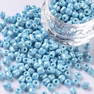 Glass Seed Beads, Opaque Colors Lustered, Round, Light Cyan, 4mm, Hole: 1.5mm, about 1000pcs/100g(X1-SEED-A012-4mm-123)