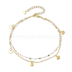 304 Stainless Steel Double Layer Chain Anklets, Enamel Style, with Golden Plated Heart Charms, White, 9-1/8 inch(23cm)(AJEW-AN00632-02)