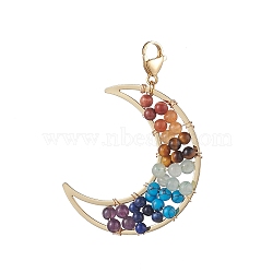 Natural/Synthetic Gemstone Bead Pendant Decorations, 304 Stainless Steel Lobster Claw Clasps and Moon Brass Charms, 62mm(HJEW-JM01006)