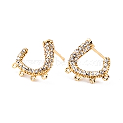 Brass Micro Pave Clear Cubic Zirconia Studs Earrings Findings, Cadmium Free & Lead Free, C Shape with Loops, Real 18K Gold Plated, 14.5x13.5x2.5mm, Hole: 0.7mm, Pin: 0.9mm(ZIRC-C027-01G-RS)