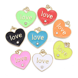 Valentine's Day Brass Micro Pave Cubic Zirconia Pendants, with Enamel, Long-Lasting Plated, Real 18K Gold Plated, Heart with Word Love, Mixed Color, 25x25x3mm, Hole: 3mm(ZIRC-M108-17-G)