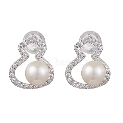 Natural Pearl Ear Studs, with Brass Micro Pave Clear Cubic Zirconia Findings, Gourd, Platinum, 13x11mm(EJEW-P286-13P)