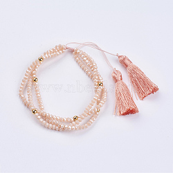 Glass Multi-strand Bracelets, with Brass Round Beads and Nylon Cord Tassel Pendants, PeachPuff, 2 inch(52mm)(BJEW-I237-01D)