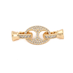 Brass Pave Clear Cubic Zirconia Fold Over Clasps, Oval, Real 18K Gold Plated, 33mm, Hole: 4mm(KK-Z066-01G)