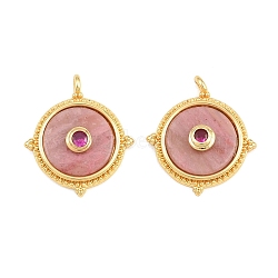Natural Rhodonite Pendants, Brass Micro Pave Cubic Zirconia Flat Round Bezeled Charms, Long-Lasting Plated, Cadmium Free & Lead Free, Rack Plating, Real 18K Gold Plated, 21.5x19x5mm, Hole: 1.6mm(GG-CBA110A-06G)