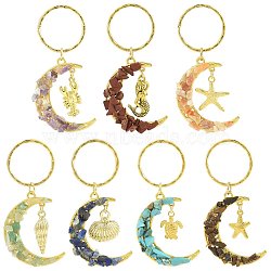 7Pcs Natural & Synthetic Gemstone Moon Keychains, with Iron Findings, Golden, 69mm(KEYC-FS00046-01)