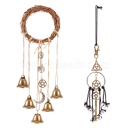 2Pcs 2 Style Rattan & Iron Witch Bells for Door Knob, Wind Chimes, Mixed Color, 325~330x50~122mm, 1pc/style(AJEW-GF0005-89)
