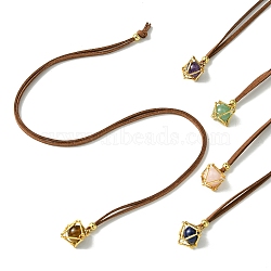 Brass Macrame Pouch Stone Holder Pendant Necklaces, Round Natural Rose Quartz & Amethyst & Green Aventurine & Lapis Lazuli Necklaces, Golden, 17.72 inch(45cm)(NJEW-JN04653-02)