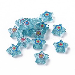 Printed Transparent Acrylic Beads, Star with Flower Pattern, Dark Turquoise, 9x10x4mm, Hole: 1.6mm(OACR-E009-06)