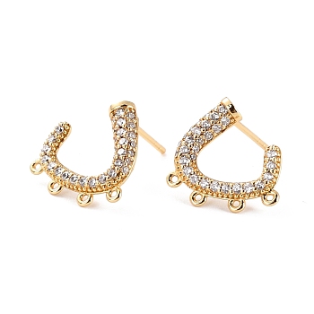 Brass Micro Pave Clear Cubic Zirconia Studs Earrings Findings, Cadmium Free & Lead Free, C Shape with Loops, Real 18K Gold Plated, 14.5x13.5x2.5mm, Hole: 0.7mm, Pin: 0.9mm