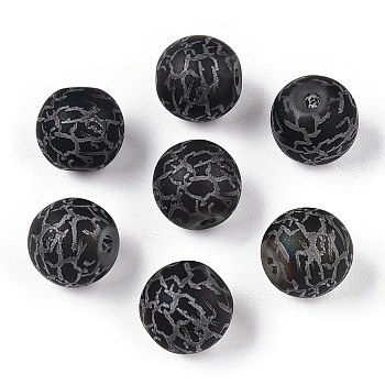 Electroplate Glass Beads, Frosted, Round with Pattern, Black, 8~8.5mm, Hole: 1.5mm