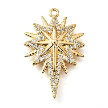 Brass Micro Pave Clear Cubic Zirconia Pendants, Star Charms, Real 18K Gold Plated, 27.5x18x4mm, Hole: 1.4mm