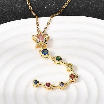 Brass Pave Cubic Zirconia Geometirc Pendant Star Y Tassel 201 Stainless Steel Chain Necklaces, Golden, Colorful, 17.91 inch(45.5cm)
