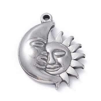 304 Stainless Steel Pendants,  Moon with Sun, Stainless Steel Color, 32x25.5x4mm, Hole: 2mm