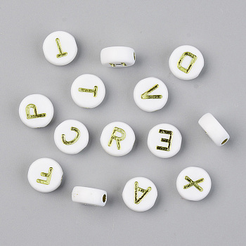 Vacuum Plating Opaque Acrylic Beads, Horizontal Hole, Flat Round with Initial Letter, White & Yellow, Mixed, 9.5x4.5mm, Hole: 2mm