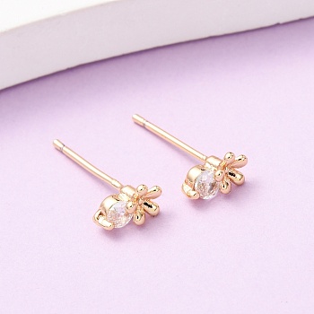 Brass Micro Pave Clear Cubic Zirconia Flower Stud Earrings, Real 18K Gold Plated, 7x4.5mm