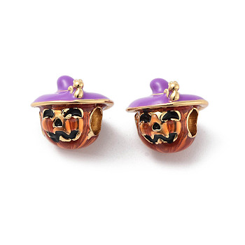 Halloween Rack Plating Brass Enamel European Beads, Long-Lasting Plated, Cadmium Free & Lead Free, Large Hole Beads, Pumpkin with Hat, Real 18K Gold Plated, 12x13.5mm, Hole: 4.2mm
