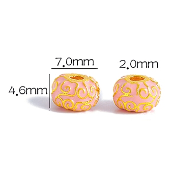 Brass Enamel Beads, Golden, Rondelle with Auspicious Clouds, Pink, 7x4.6mm, Hole: 2mm
