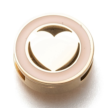 304 Stainless Steel Slide Charms, Enamel Style, Flat Round with Heart, Bisque, Golden, 12x3.5mm, Hole: 8x1.5mm
