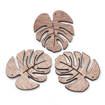 Undyed Wooden Pendants, Tropical Leaf Charms, Monstera Leaf, Camel, 49x45x3mm, Hole: 1mm