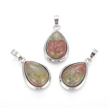 Natural Unakite Pendants, with Brass Findings, teardrop, Platinum, 26x16~17x8~10mm, Hole: 8x5mm
