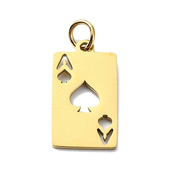 304 Stainless Steel Pendants, with Jump Rings, Laser Cut, Rectangle with Ace of Heart Charm, Golden, 18x9.5x1mm, Hole: 3mm