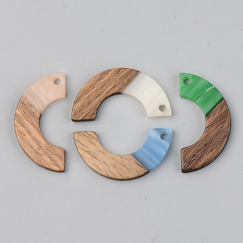 Opaque Resin & Walnut Wood Pendants, Arc, Mixed Color, 28x14x3mm, Hole: 2mm