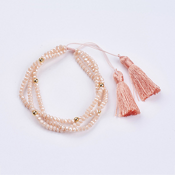 Glass Multi-strand Bracelets, with Brass Round Beads and Nylon Cord Tassel Pendants, PeachPuff, 2 inch(52mm)