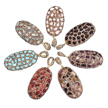Polymer Clay Rhinestone Pendants, with Natural & Synthetic Gemstone Chip, Natural Shell Chip and PU Leather, Oval, Golden, 55~56x30~31x6~7mm, Hole: 9x5mm