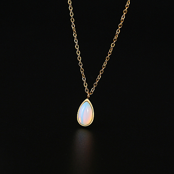 Opalite Teardrop Pendant Necklace with Stainless Steel Chains, Golden, 17.72 inch(45cm)