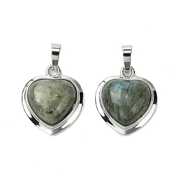 Natural Labradorite Pendants, Heart Charms with Rack Plating Platinum Plated Brass Findings, Cadmium Free & Lead Free, Cadmium Free & Lead Free, 23x19.5x8~9mm, Hole: 7x5mm