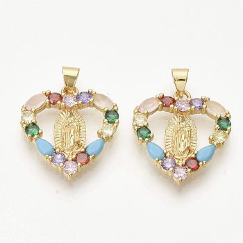 Brass Micro Pave Cubic Zirconia Pendants, Heart with Virgin Mary, Colorful, Golden, 23x20.5x2.5mm, Hole: 3x4mm