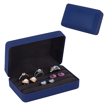 3-Slot Rectangle PU Leather Finger Ring Display Boxes, Jewelry Organizer Case with Velvet Inside for Rings Storage, Marine Blue, 12.5x7.8x4.7cm