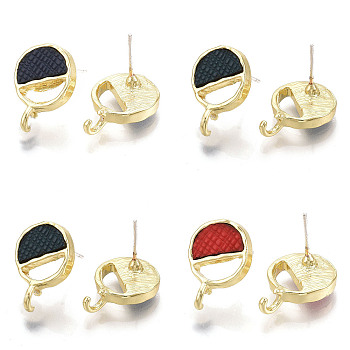 Alloy Stud Earring Findings, with Unplated Pins, Imitation Leather and Loop, Flat Round, Light Gold, Mixed Color, 17x12mm, Hole: 2mm, Pin: 0.8mm
