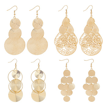 ANATTASOUL 4 Pairs 4 Style Alloy Cluster Dangle Earrings, Iron Chandelier Earrings for Women, Flat Round & Teardrop & Disc, Golden, 82~98x30~46mm, 1 Pair/style