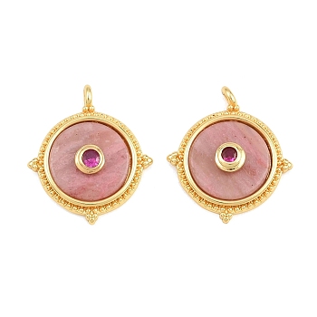 Natural Rhodonite Pendants, Brass Micro Pave Cubic Zirconia Flat Round Bezeled Charms, Long-Lasting Plated, Cadmium Free & Lead Free, Rack Plating, Real 18K Gold Plated, 21.5x19x5mm, Hole: 1.6mm