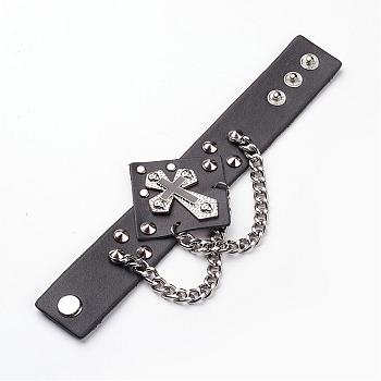 Punk Rock Style Cowhide Leather Rivet Bracelets, with Iron Twisted Chain and Alloy Findings, Enamel Cross, Black, 220x31x2mm(8-5/8 inchx1-1/4 inch)