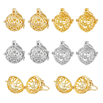 8Pcs 4 Styles Rack Plating Brass Cage Pendants, For Chime Ball Pendant Necklaces Making, Round & Heart Charm, Platinum & Golden, 29x25~26x20~21.5mm, Inner Measure: 17~18mm, Hole: 5~6x5~8mm, 2pc/style
