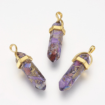 Synthetic Regalite Pointed Pendants, with Brass Findings, Dyed, Bullet, Golden, Dark Violet, 35~41x12.8x10mm, Hole: 3x4mm